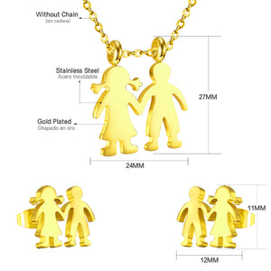 Gold cut boy and girl holding hands jewelry set without diamonds