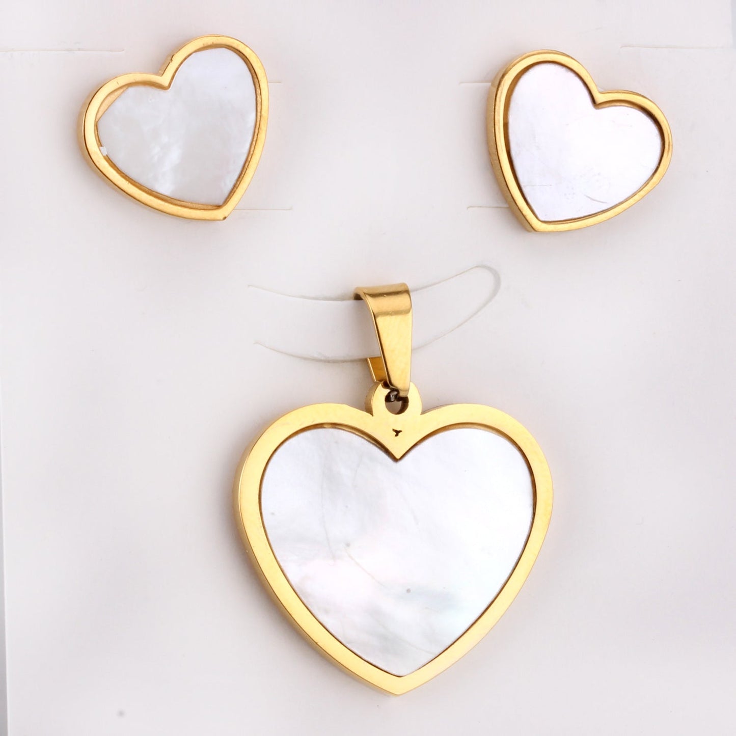 Steel/golden cut sticky heart white shell jewelry set asonjewelry