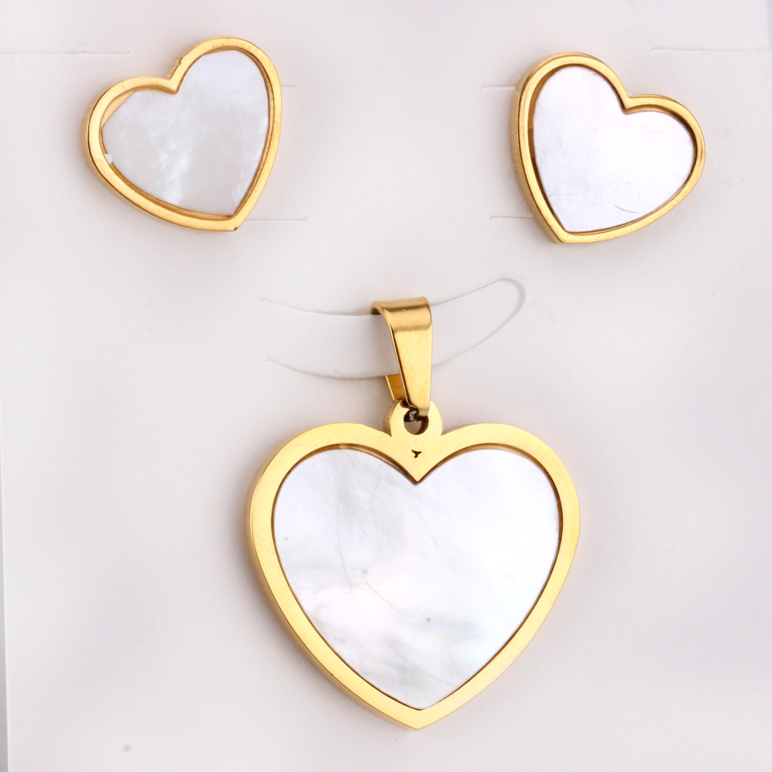 Steel/golden cut sticky heart white shell jewelry set asonjewelry