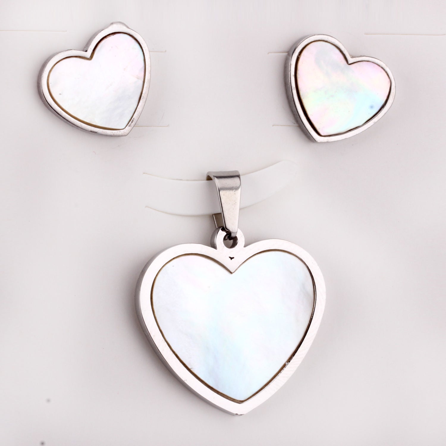 Steel/golden cut sticky heart white shell jewelry set asonjewelry