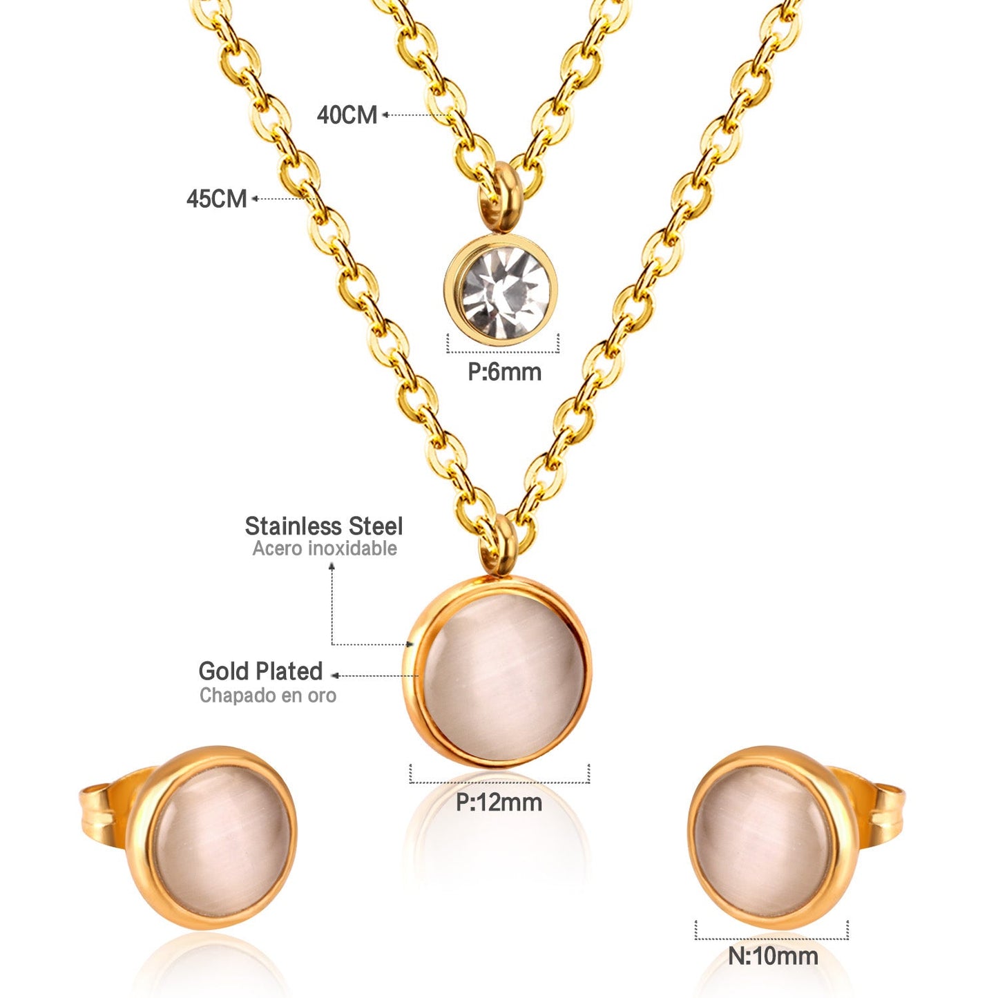 Gold/Steel with Zircon Double Chain White Cat's Eye Stone Jewelry Set asonjewelry