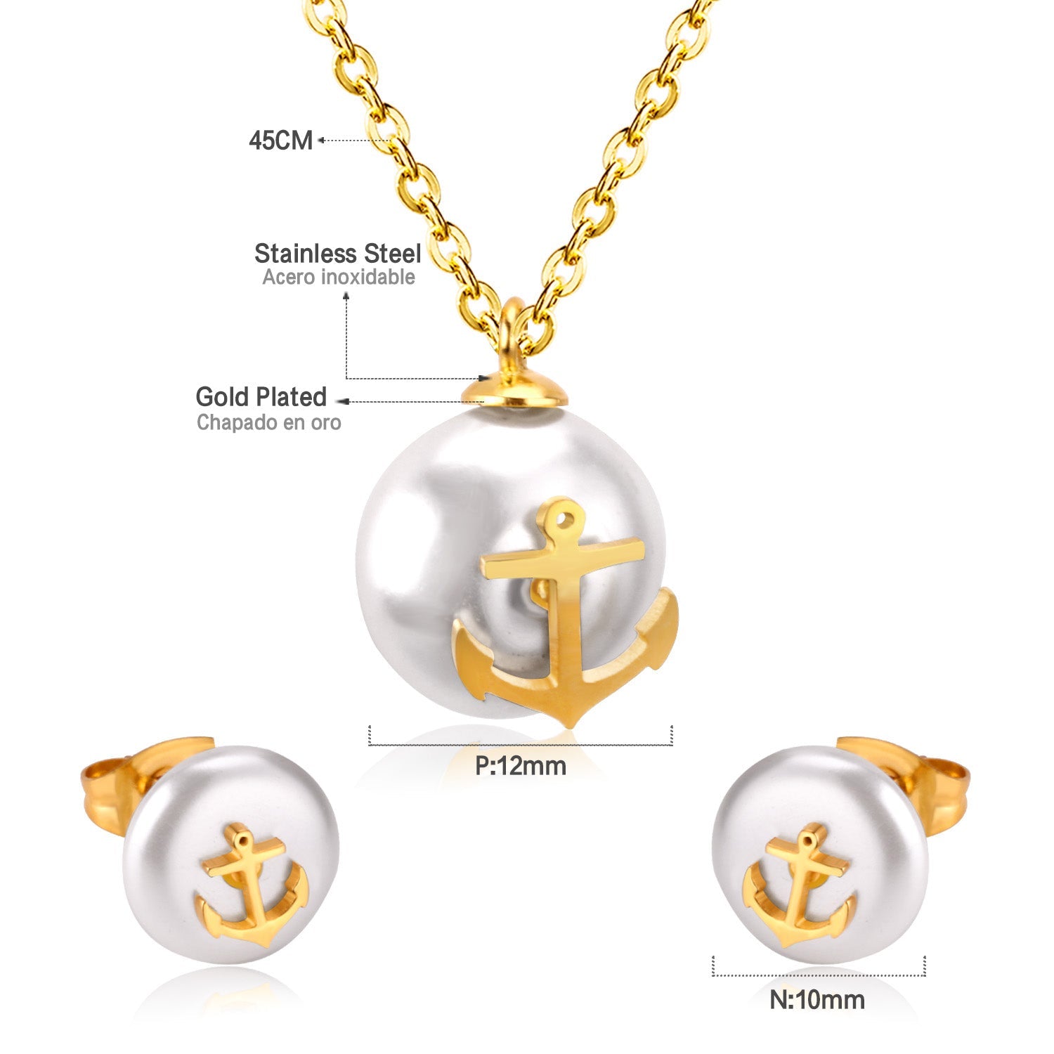 Steel/golden white pearl + anchor cut jewelry set asonjewelry