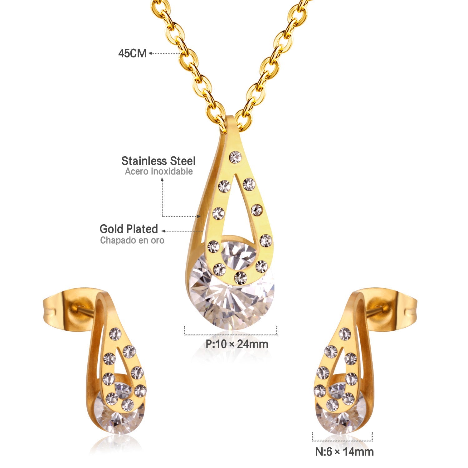 Gold/Steel Teardrop + Zirconia Pendant Jewelry Set asonjewelry