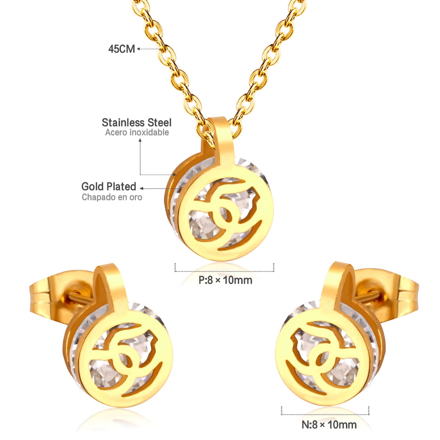 Gold/Steel Round Pendant Jewelry Set with Zirconia asonjewelry