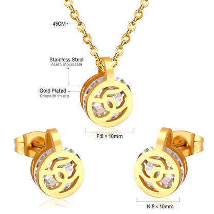 Gold/Steel Round Pendant Jewelry Set with Zirconia asonjewelry