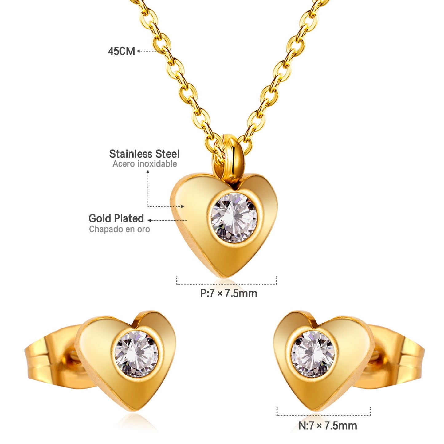 Gold/Steel Heart Jewelry Set with Diamonds in the Middle asonjewelry