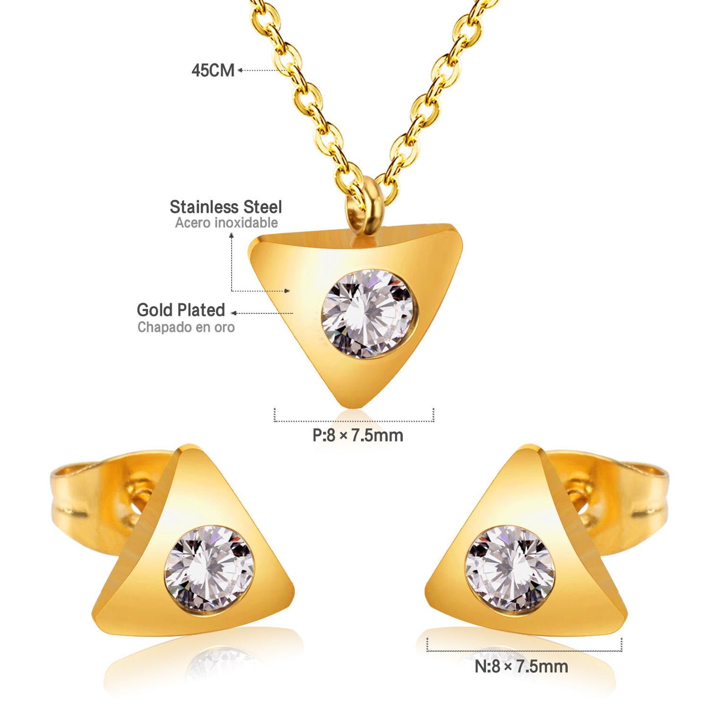 Gold/steel triangle jewelry set with diamond in the center asonjewelry