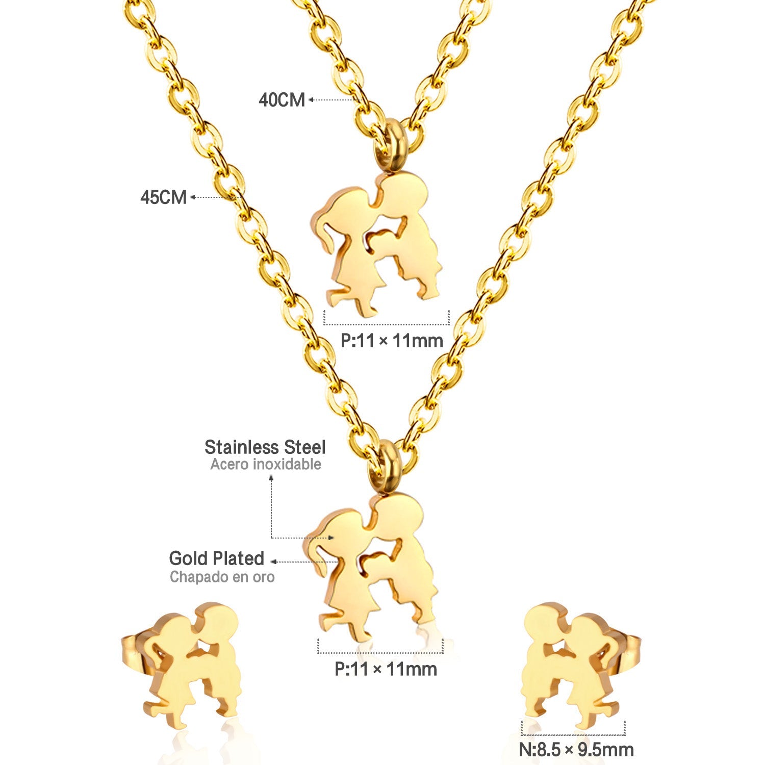 Gold/steel two children playing double chain pendant jewelry set asonjewelry