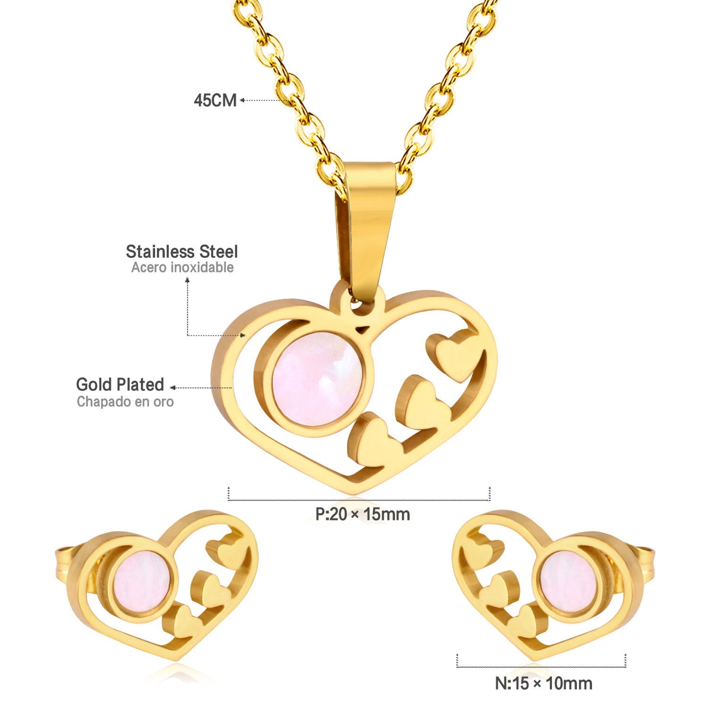 Gold/Steel Wispy Cut Heart Shape White Shell Jewelry Set asonjewelry