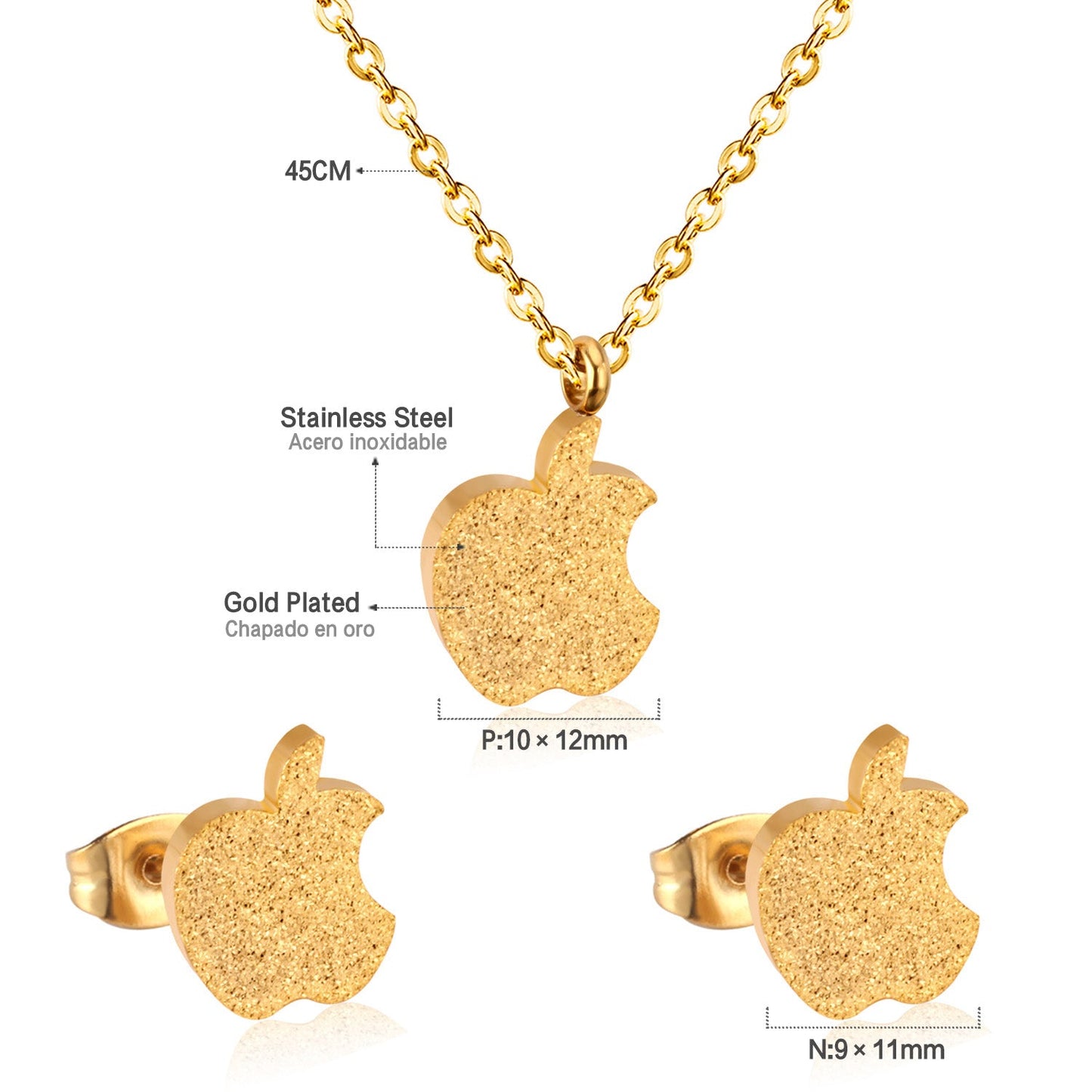 Gold/Steel Cut Apple Takes a Bite Frosted Set without Diamonds asonjewelry
