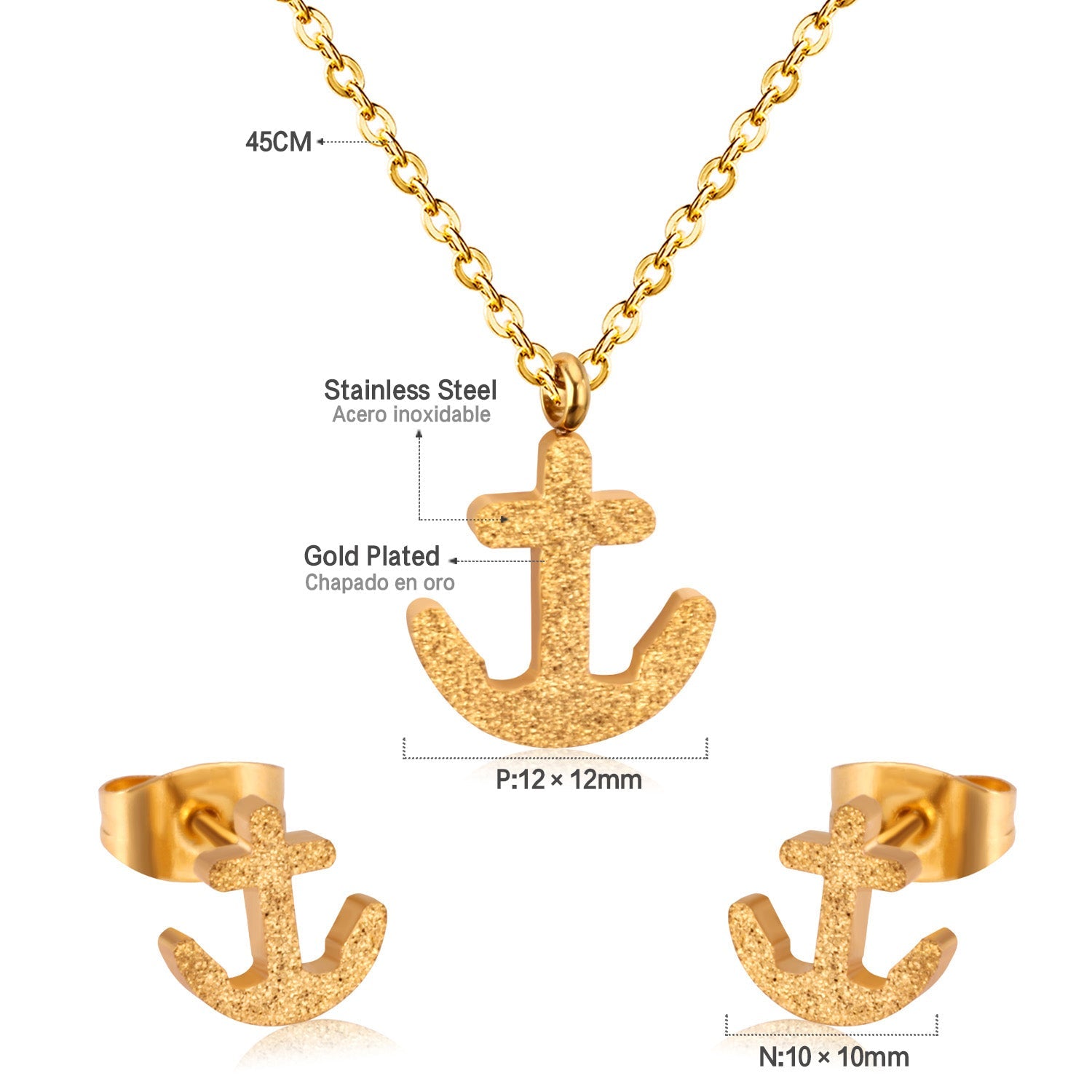 Gold/Steel Frosted/Smooth Cut Anchor Shape Jewelry Set with/without Diamonds asonjewelry