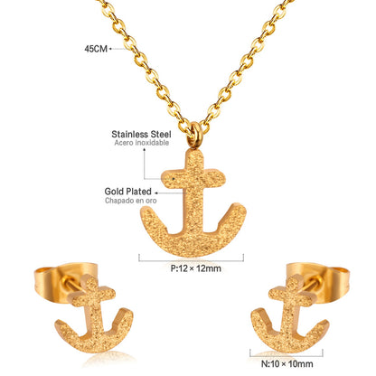 Gold/Steel Frosted/Smooth Cut Anchor Shape Jewelry Set with/without Diamonds asonjewelry