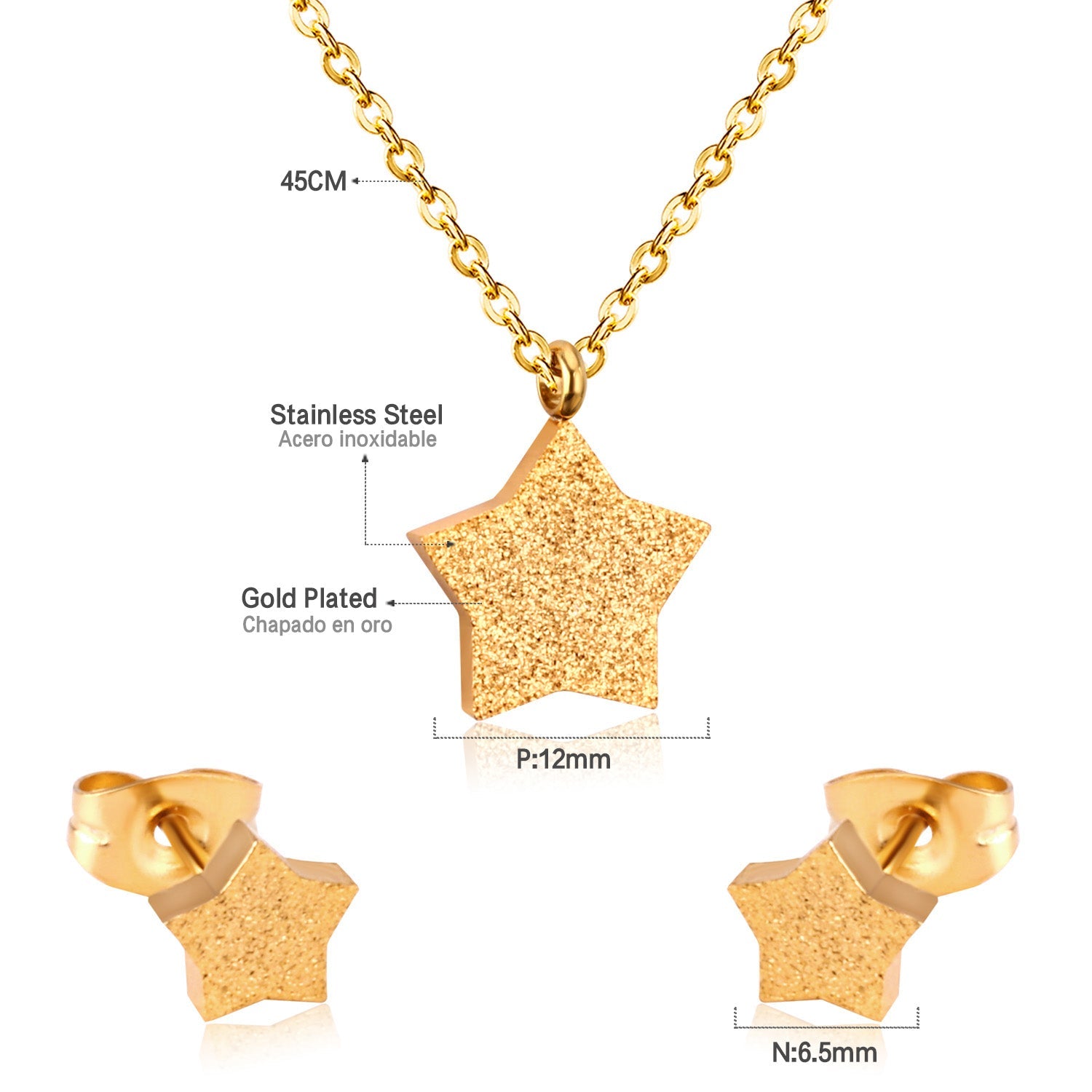 Steel/Gold Pentagram Cut and Frosted Jewelry Set without Diamonds asonjewelry