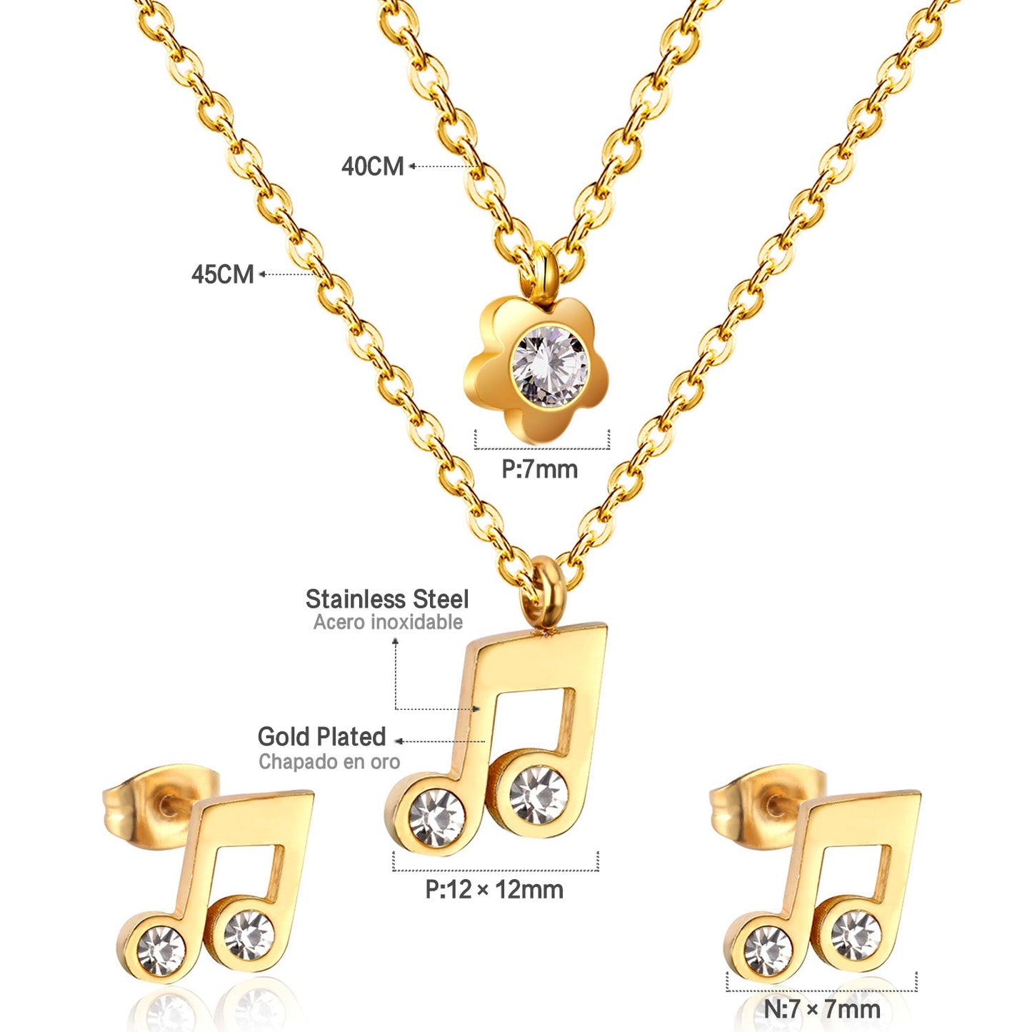 Gold/Steel Two Chain Pendant Jewelry Set with Diamond Music Symbol asonjewelry