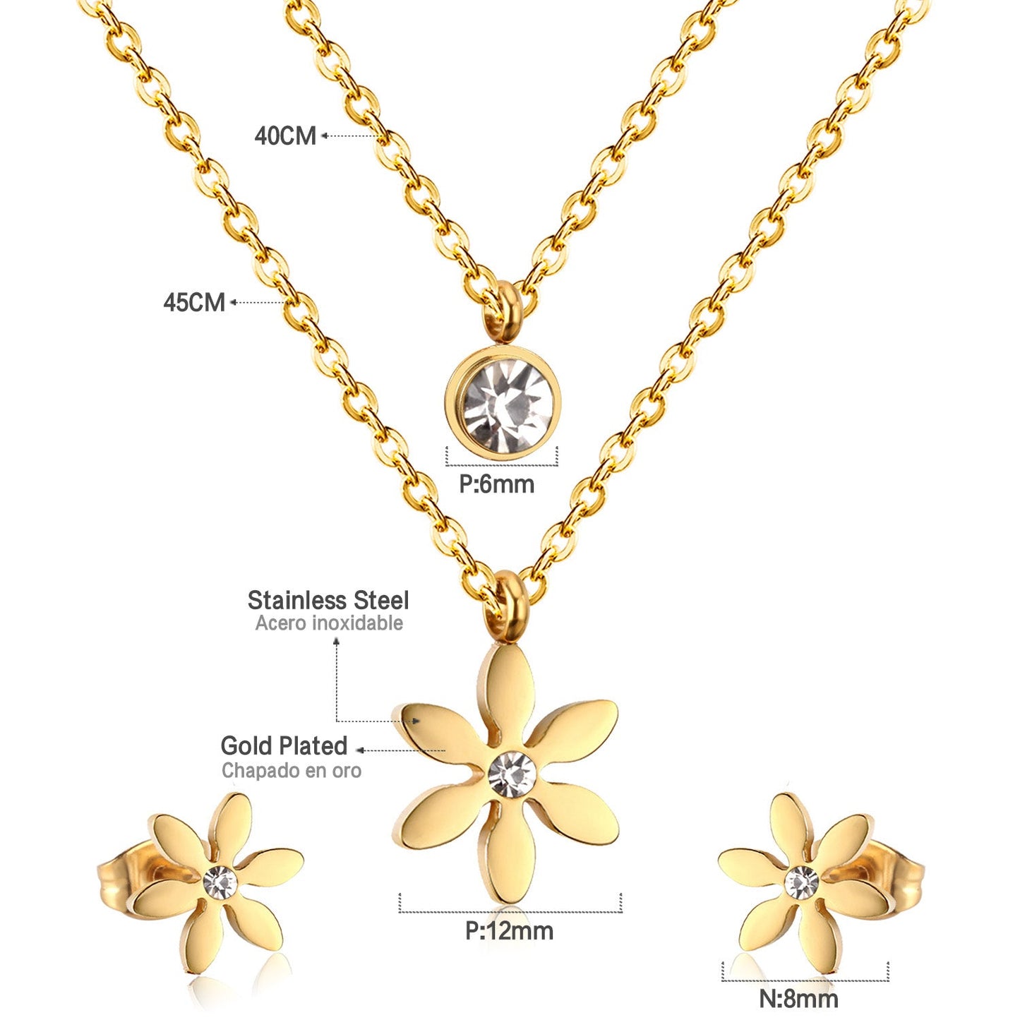 Gold/Steel Two-Chain Pendant Jewelry Set with Diamonds in the Shape of a Snowflake asonjewelry