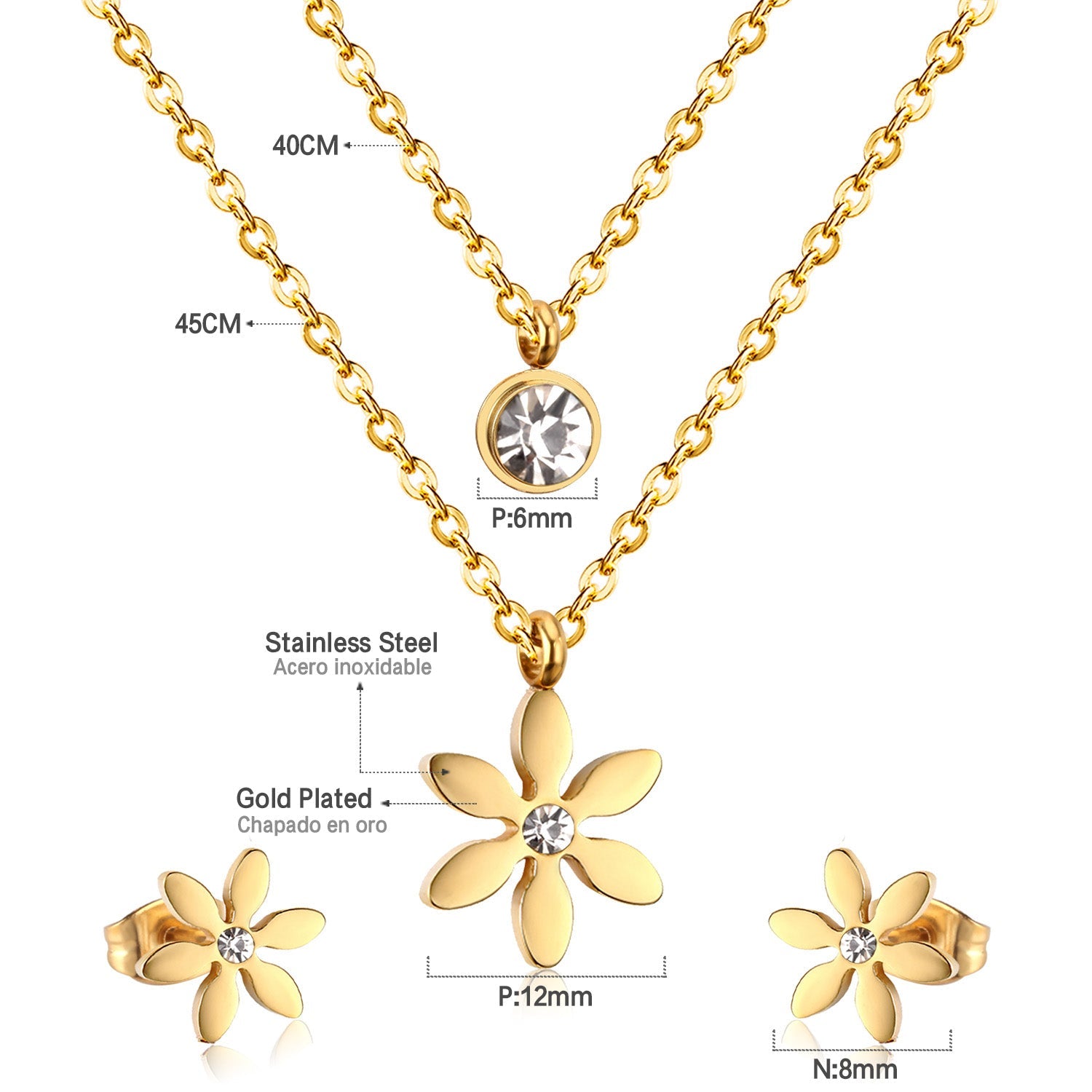 Gold/Steel Two-Chain Pendant Jewelry Set with Diamonds in the Shape of a Snowflake asonjewelry
