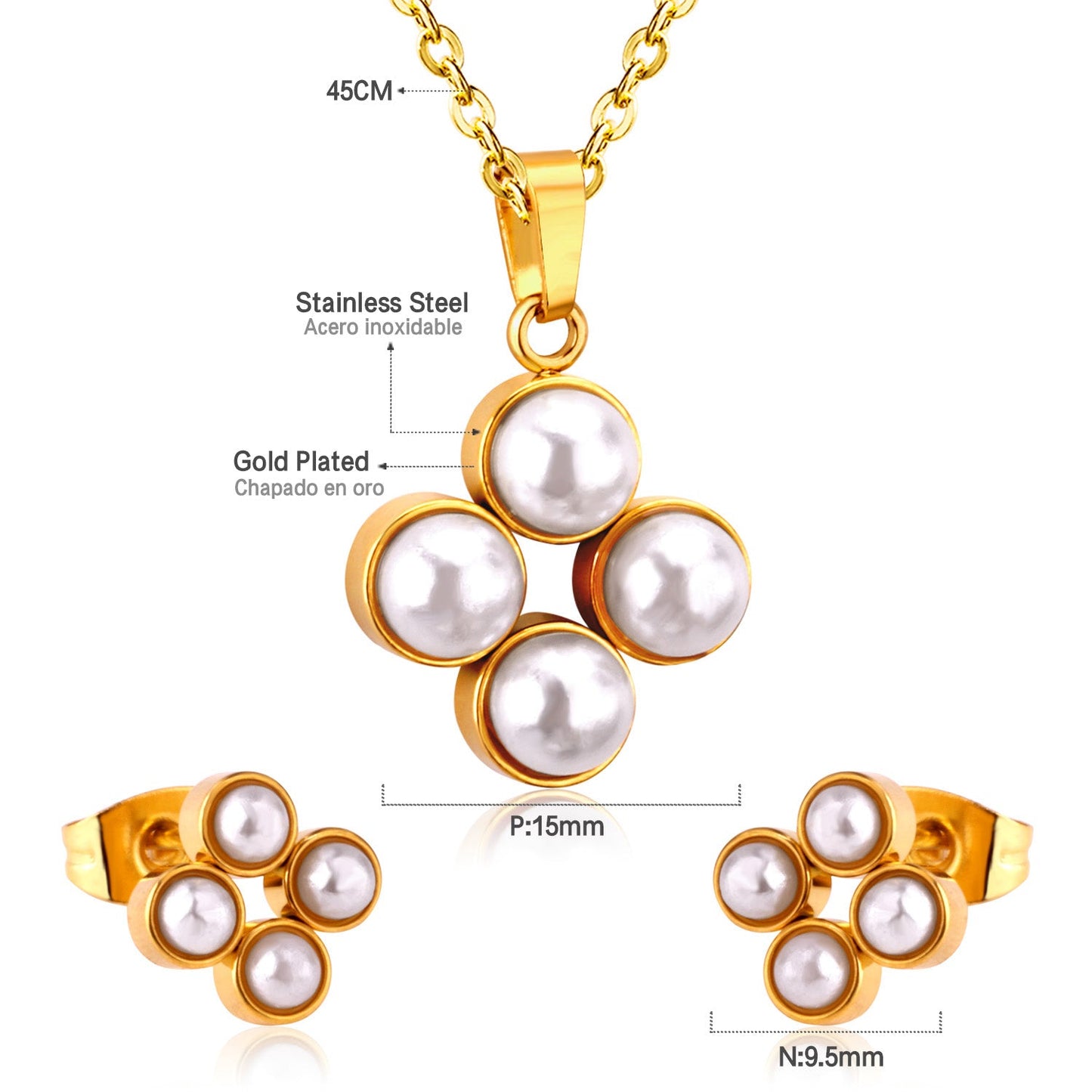 Steel/golden four-flower white pearl+diamond jewelry set asonjewelry
