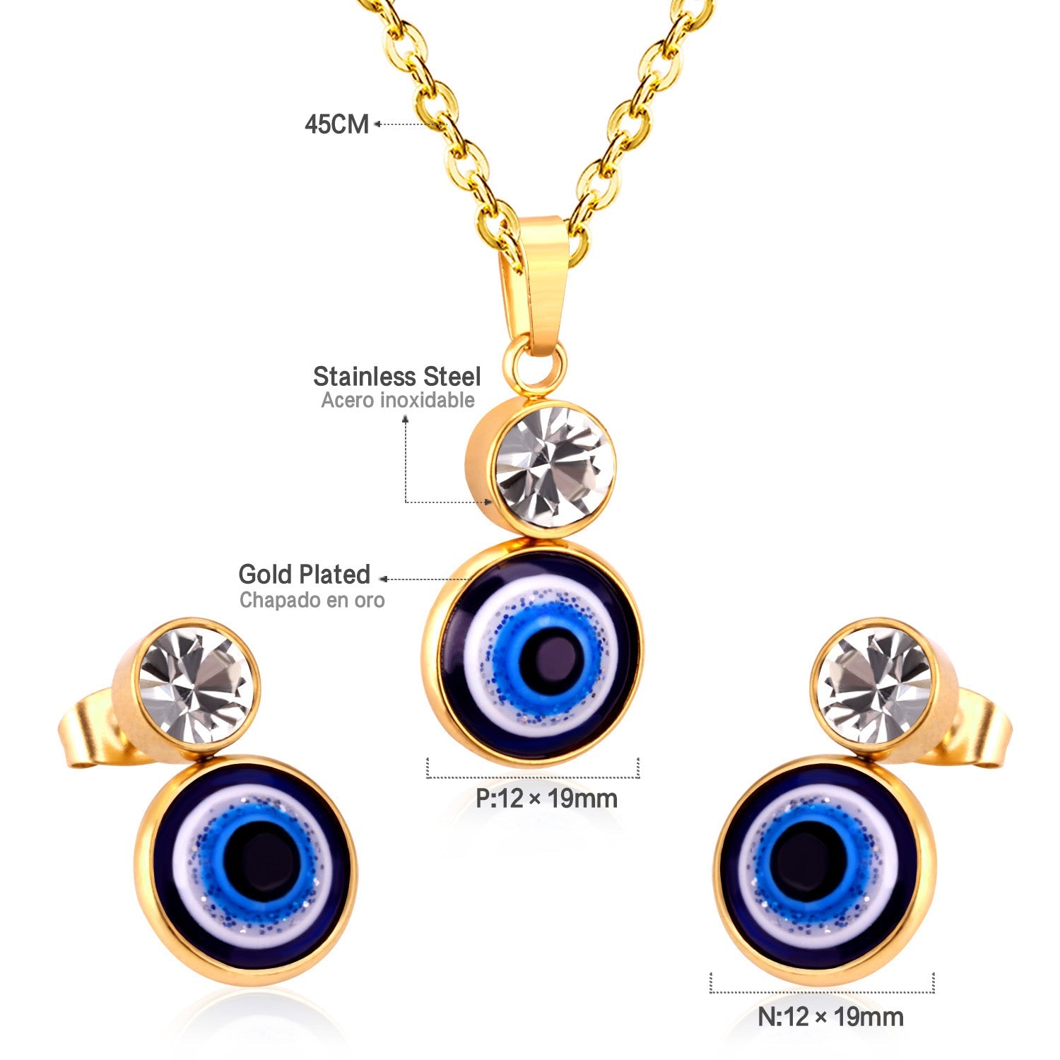 Steel/Golden Glitter Eye Pendant Jewelry Set with Diamonds asonjewelry