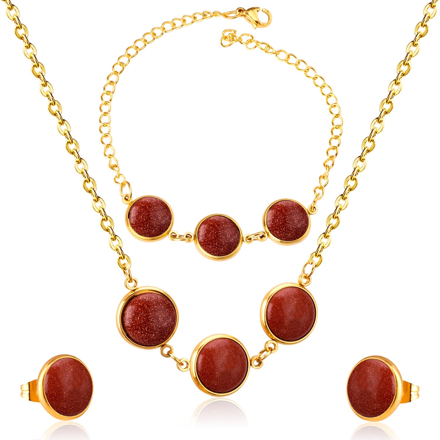 Steel/Gold Deep Red Chrysoberyl/Blue Turquoise/Red Turquoise + Bracelet Jewelry Set asonjewelry