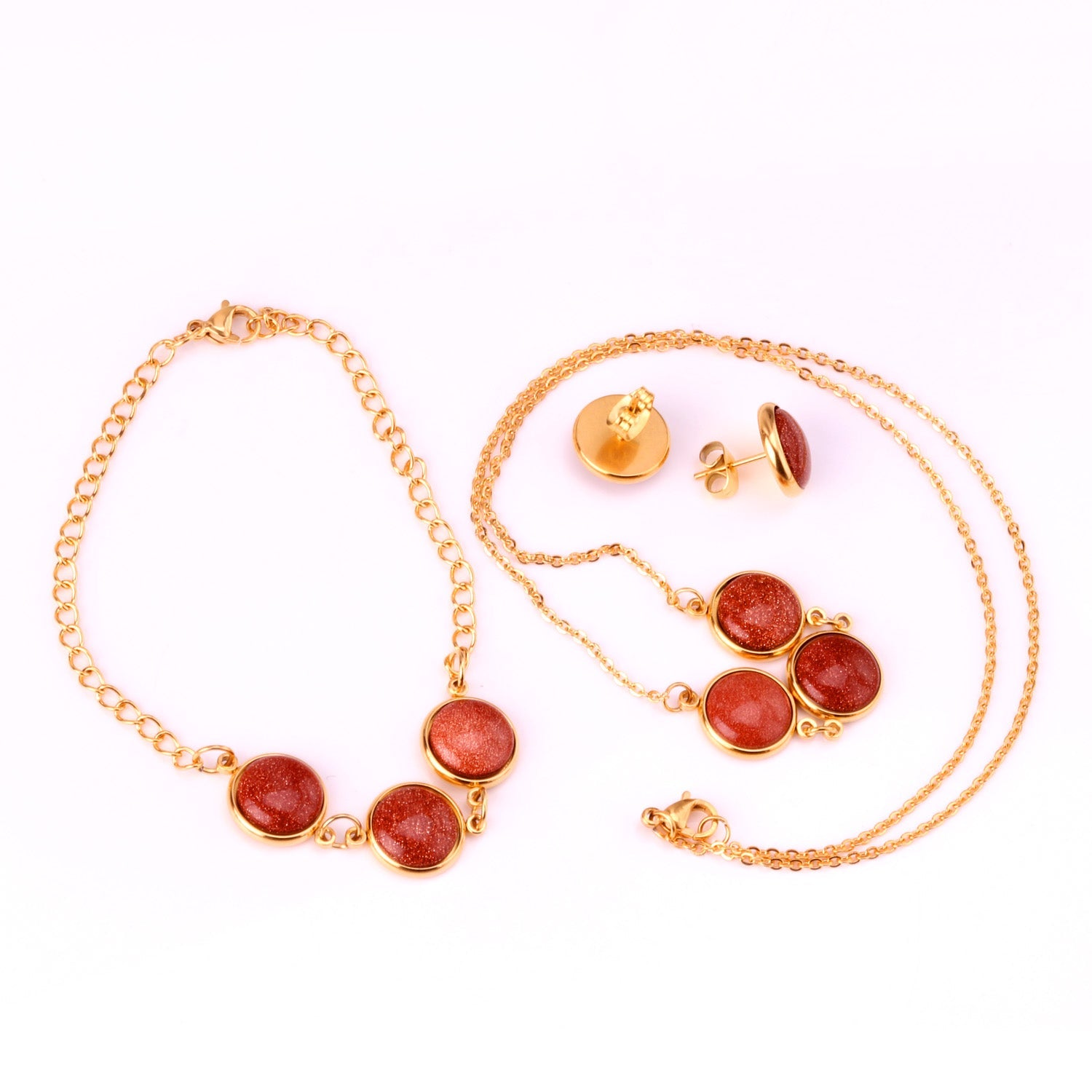 Steel/Gold Deep Red Chrysoberyl/Blue Turquoise/Red Turquoise + Bracelet Jewelry Set asonjewelry