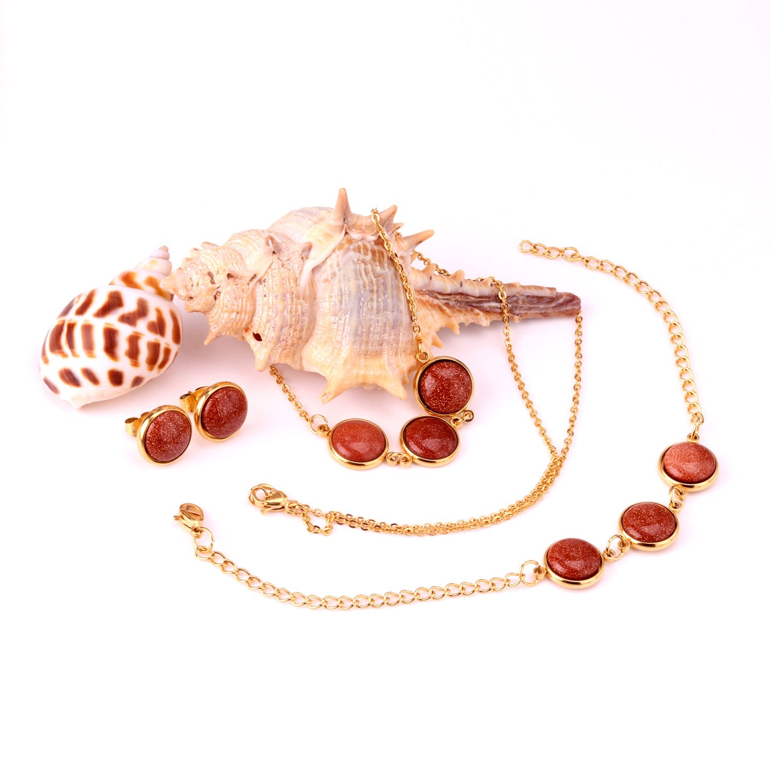 Steel/Gold Deep Red Chrysoberyl/Blue Turquoise/Red Turquoise + Bracelet Jewelry Set asonjewelry