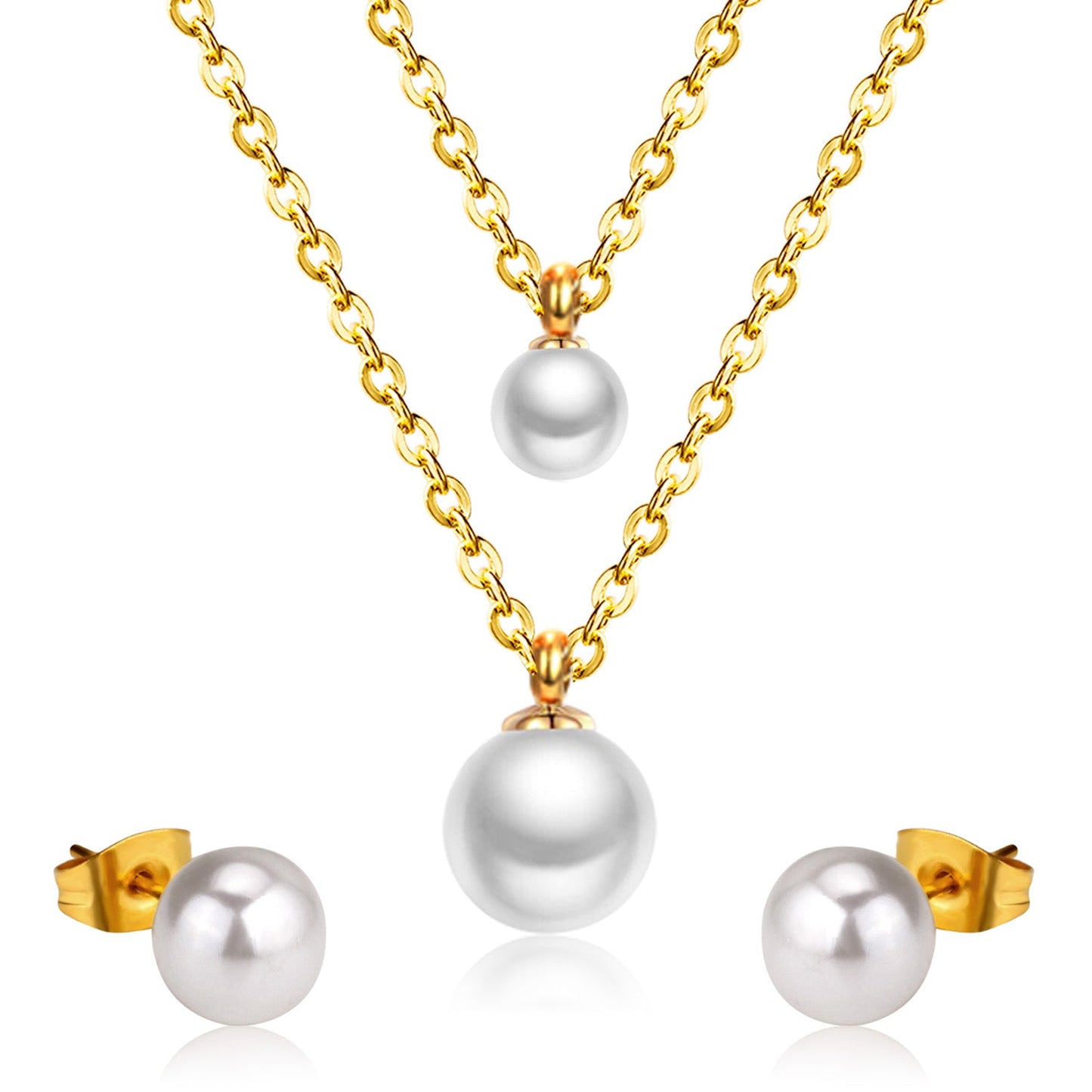 Gold/Steel One Large White Pearl Double Chain Set asonjewelry