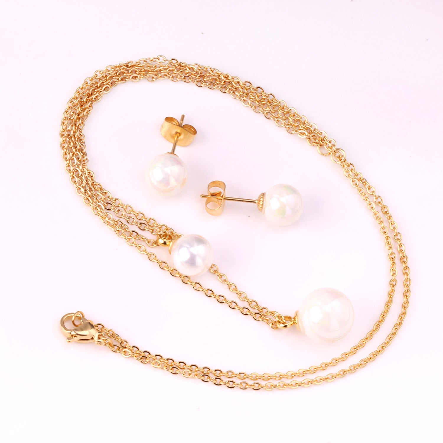 Gold/Steel One Large White Pearl Double Chain Set asonjewelry