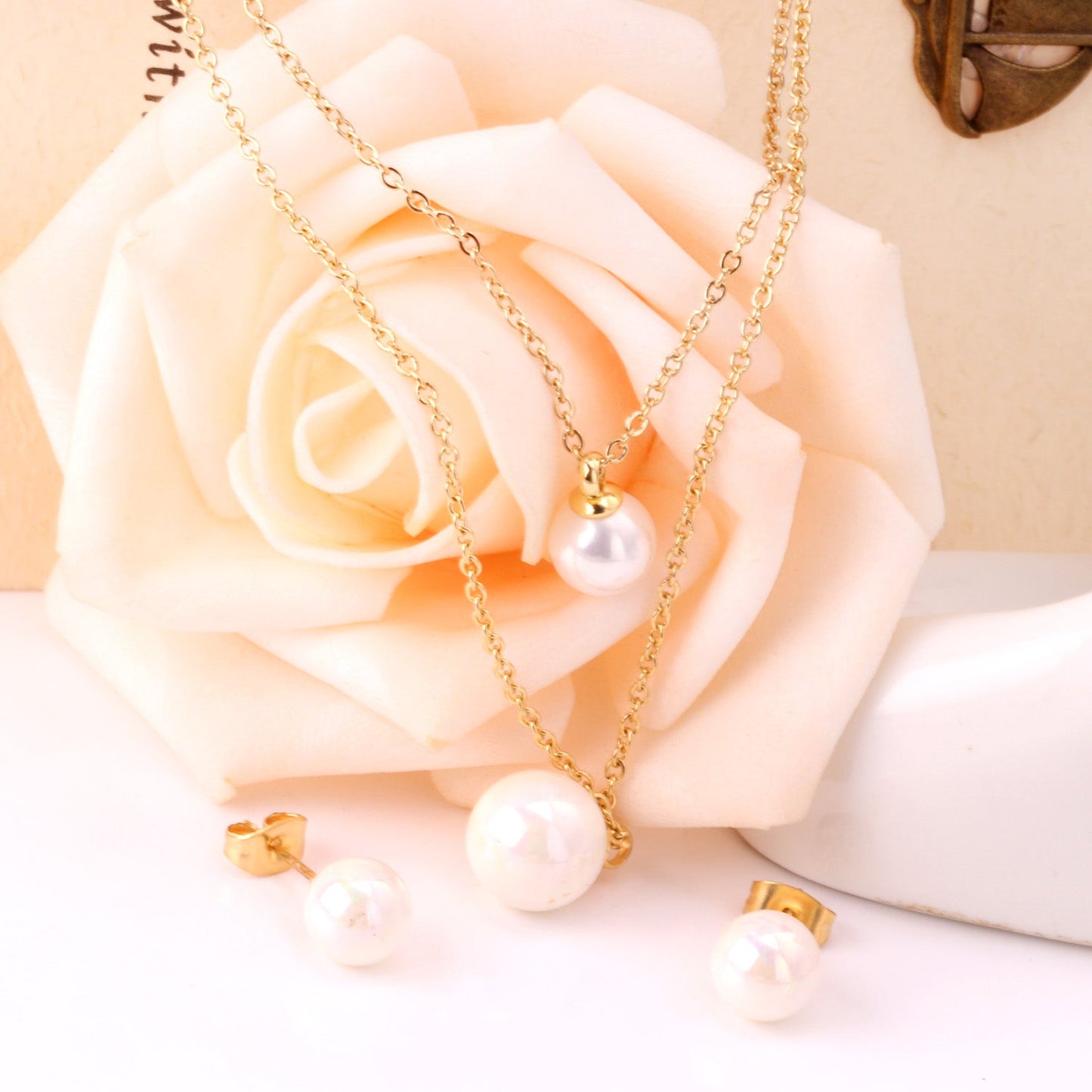 Gold/Steel One Large White Pearl Double Chain Set asonjewelry