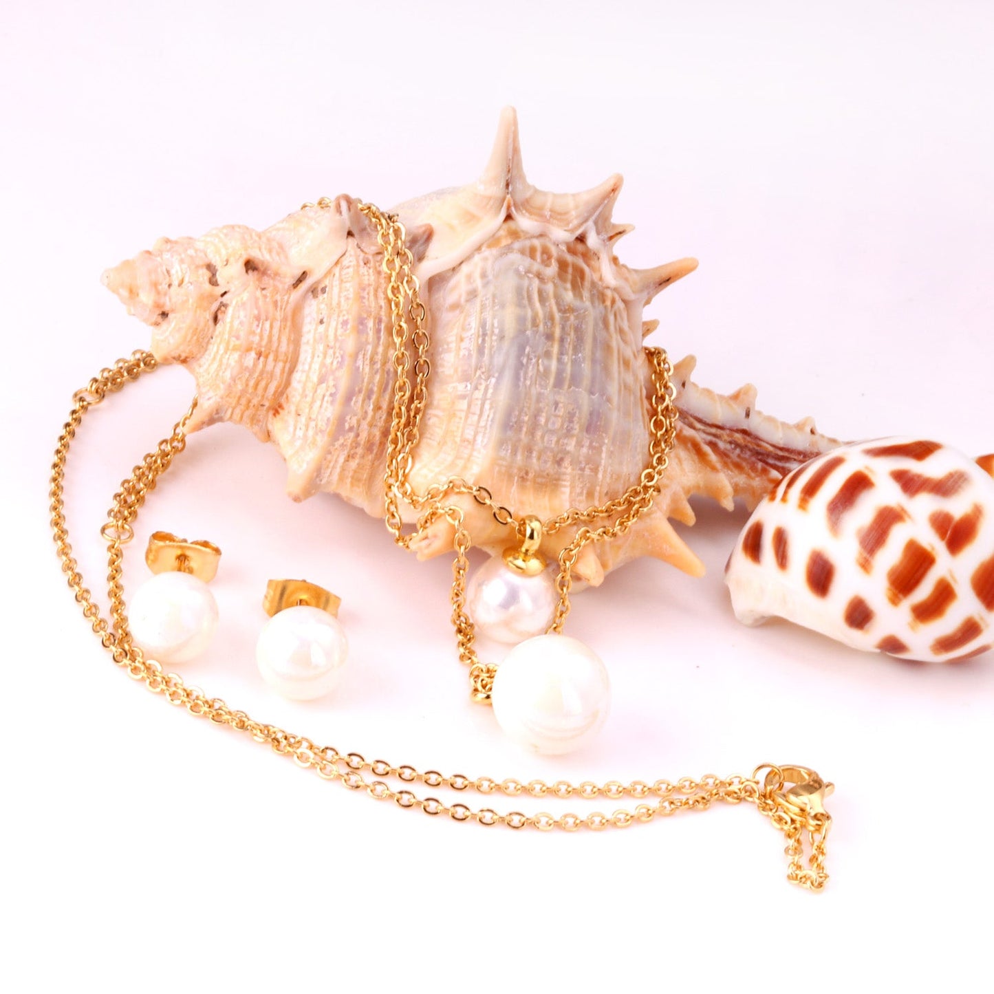 Gold/Steel One Large White Pearl Double Chain Set asonjewelry