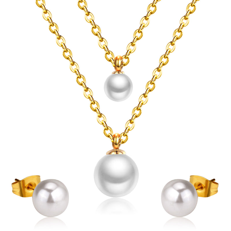 Gold/Steel One Large White Pearl Double Chain Set