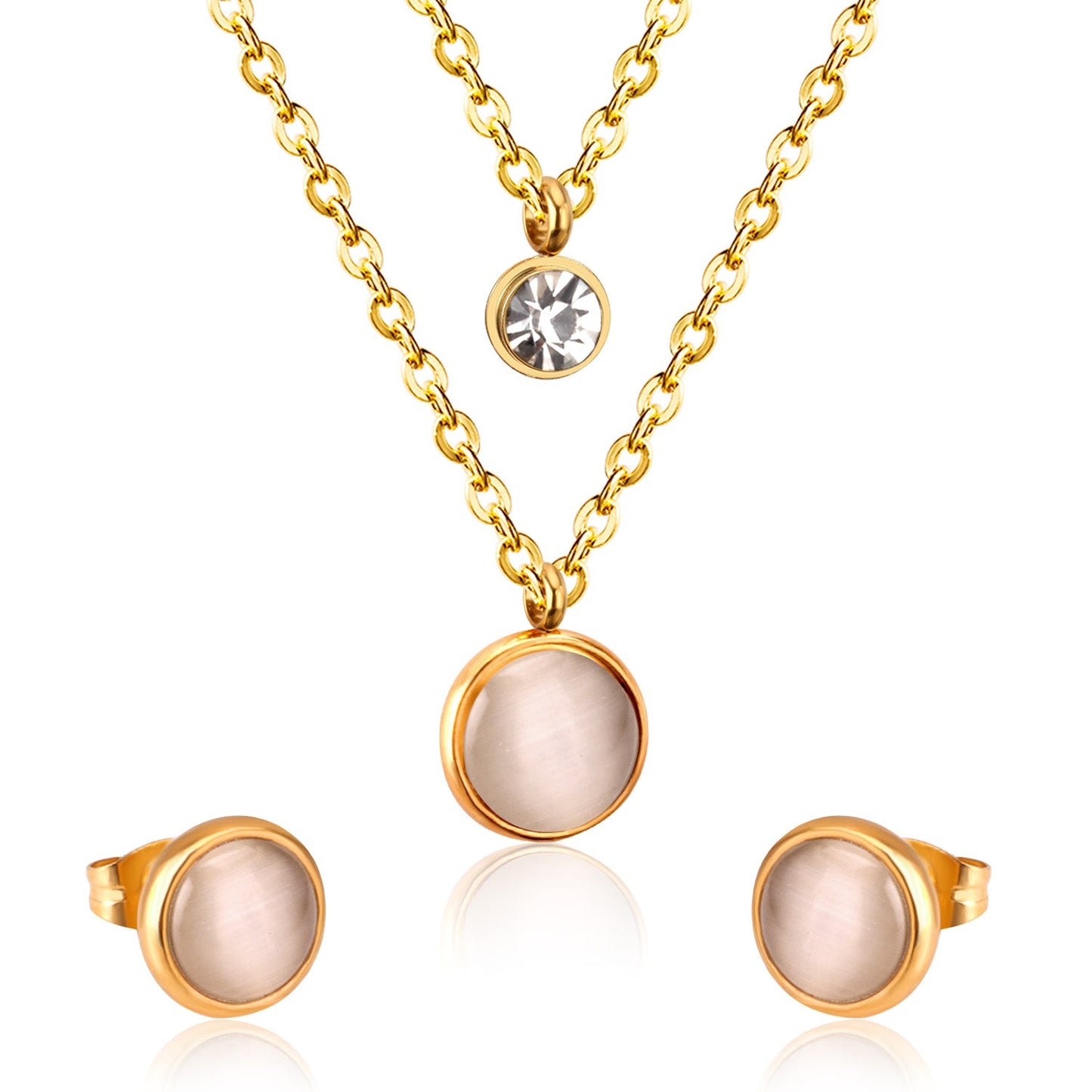 Gold/Steel with Zircon Double Chain White Cat's Eye Stone Jewelry Set asonjewelry
