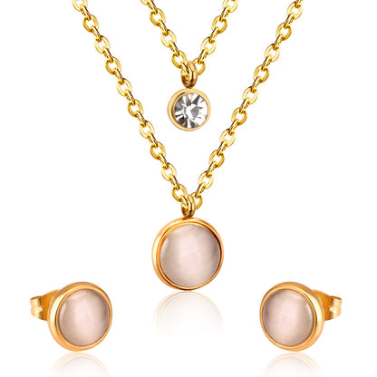 Gold/Steel with Zircon Double Chain White Cat's Eye Stone Jewelry Set asonjewelry