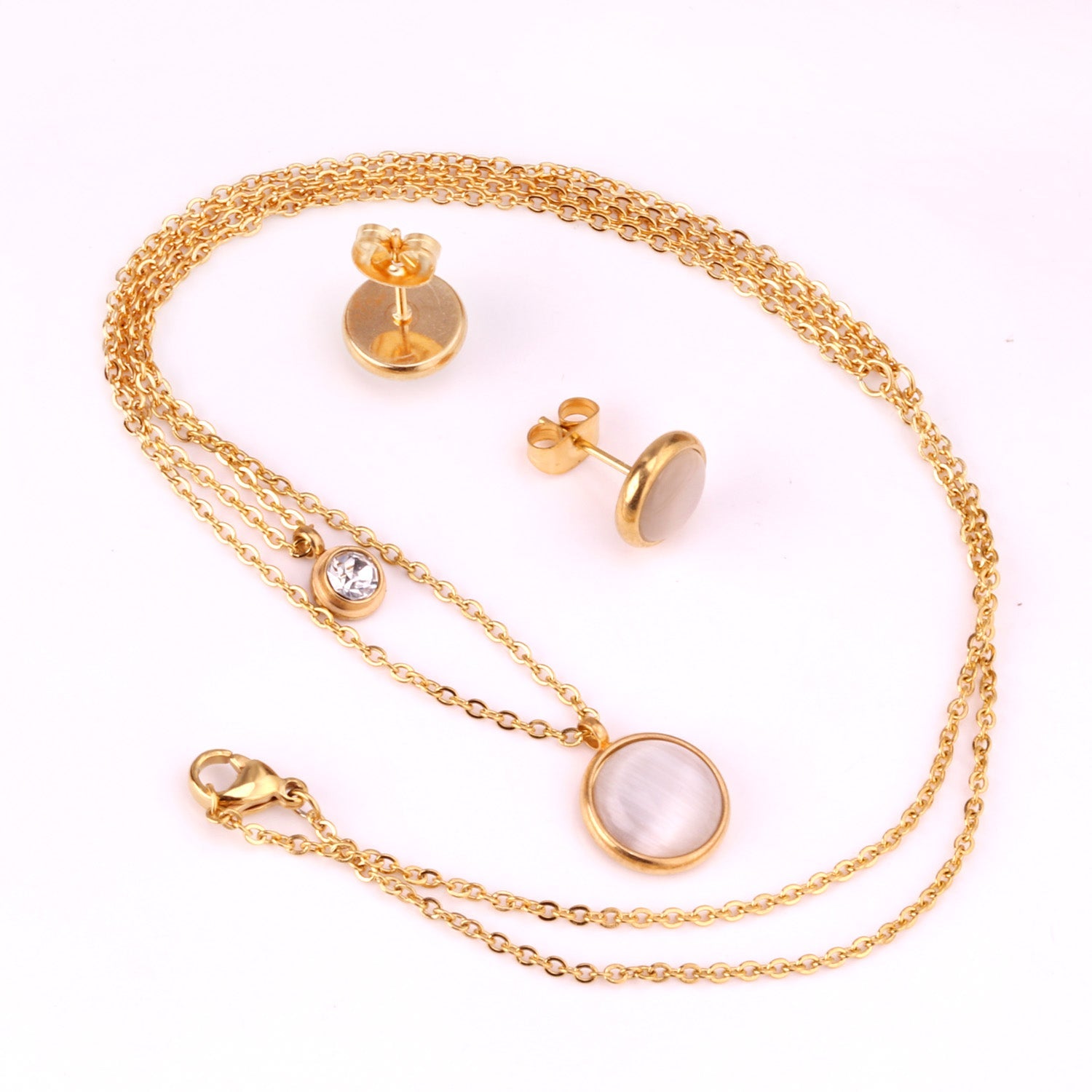 Gold/Steel with Zircon Double Chain White Cat's Eye Stone Jewelry Set asonjewelry