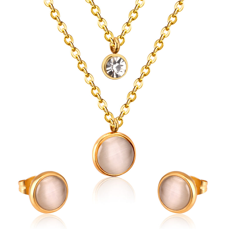 Gold/Steel with Diamonds Double Chain White Cat's Eye Stone Jewelry Set