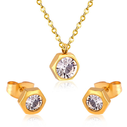 Gold/Steel Hexagon Jewelry Set with Diamonds in the Middle asonjewelry