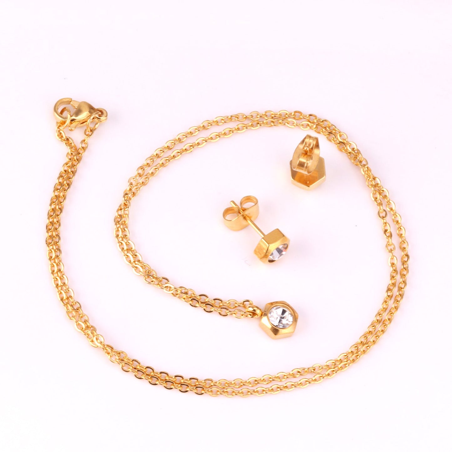 Gold/Steel Hexagon Jewelry Set with Diamonds in the Middle asonjewelry