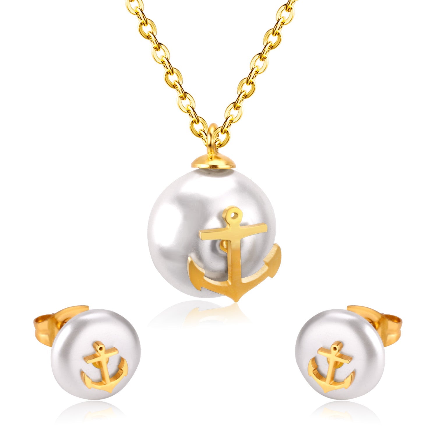 Steel/golden white pearl + anchor cut jewelry set asonjewelry