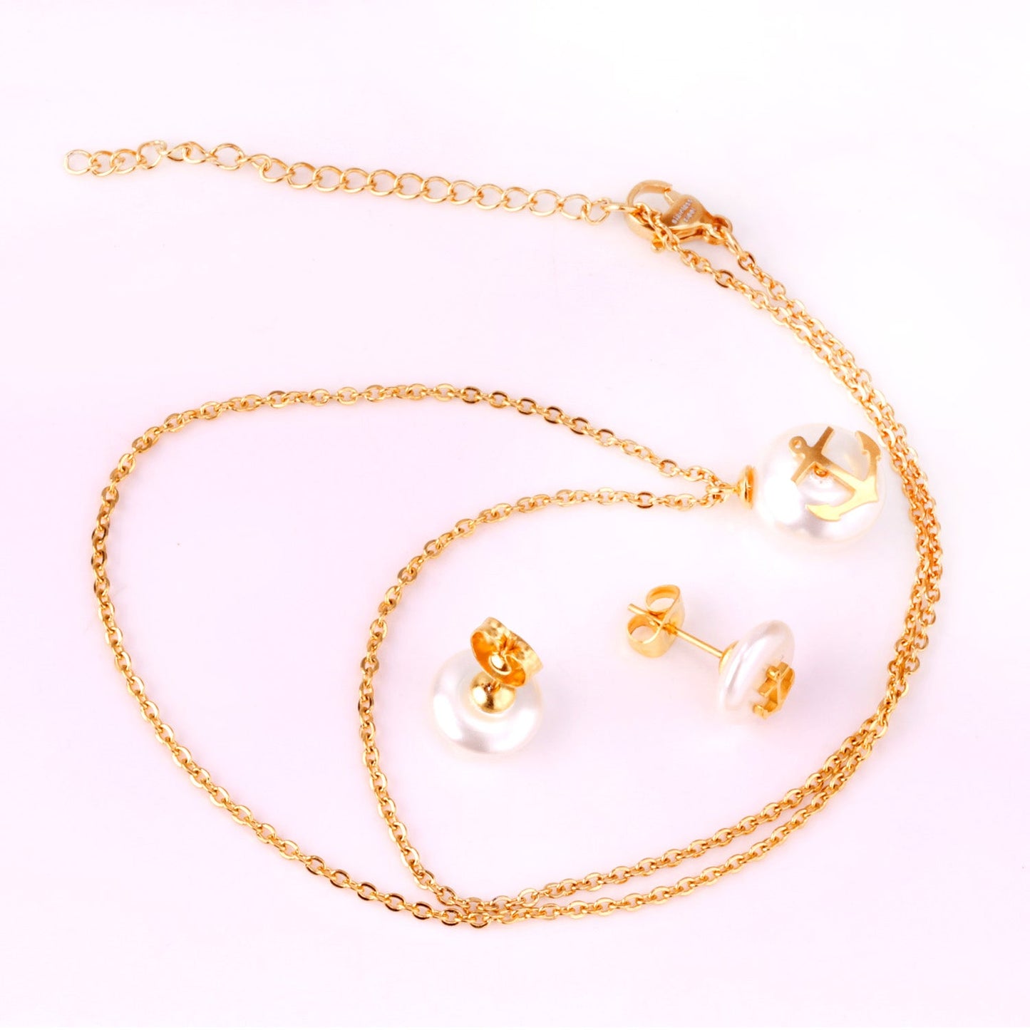 Steel/golden white pearl + anchor cut jewelry set asonjewelry