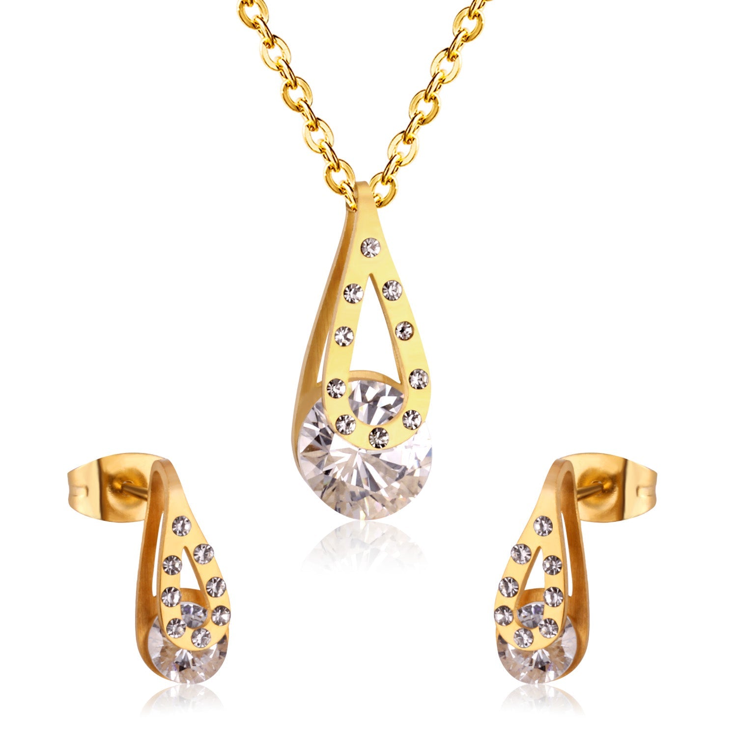 Gold/Steel Teardrop + Zirconia Pendant Jewelry Set asonjewelry