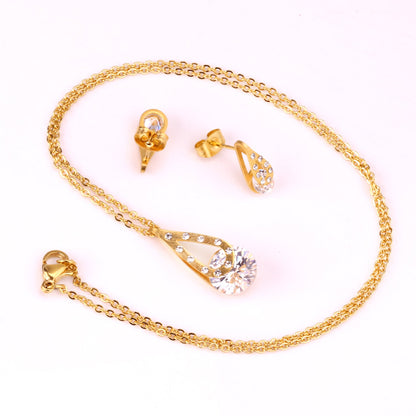 Gold/Steel Teardrop + Zirconia Pendant Jewelry Set asonjewelry