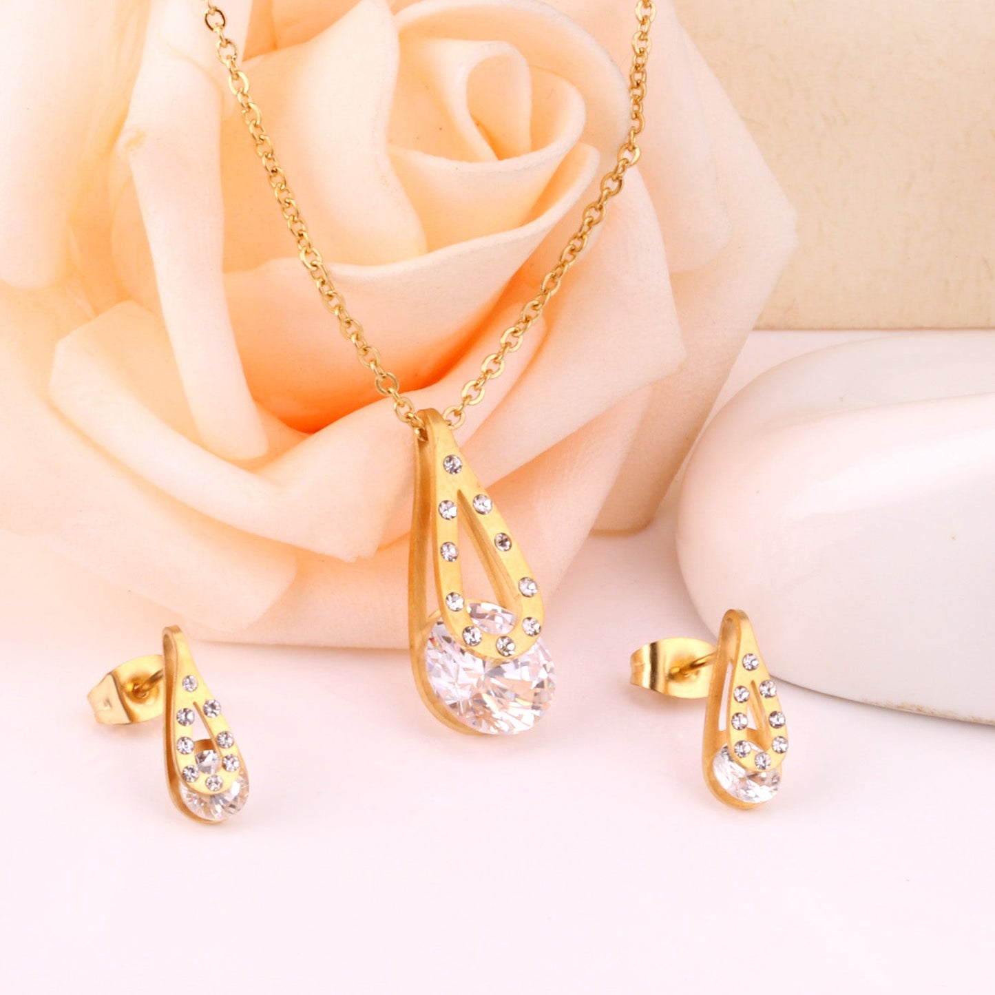 Gold/Steel Teardrop + Zirconia Pendant Jewelry Set asonjewelry