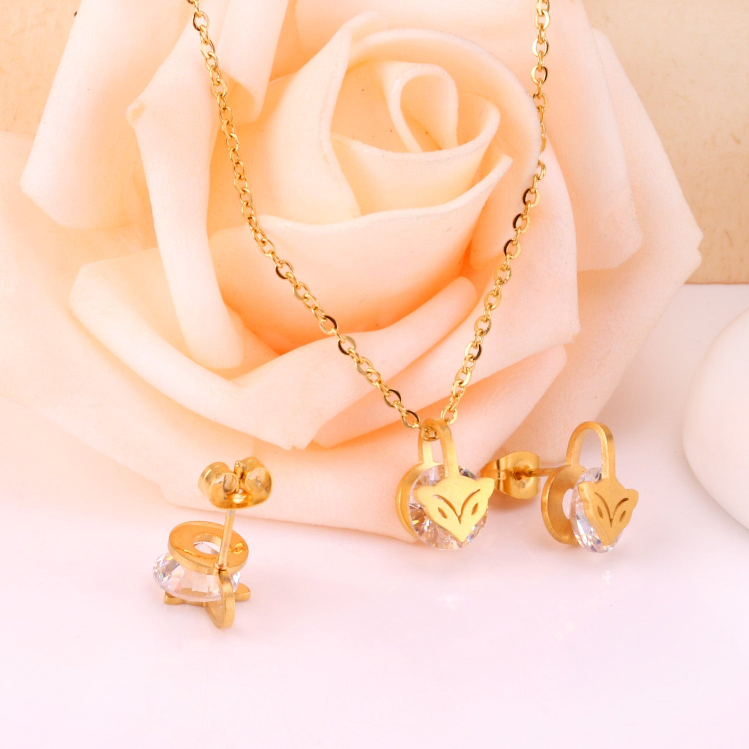 Gold/Steel with Zircon Arrow Shape Pendant Jewelry Set asonjewelry