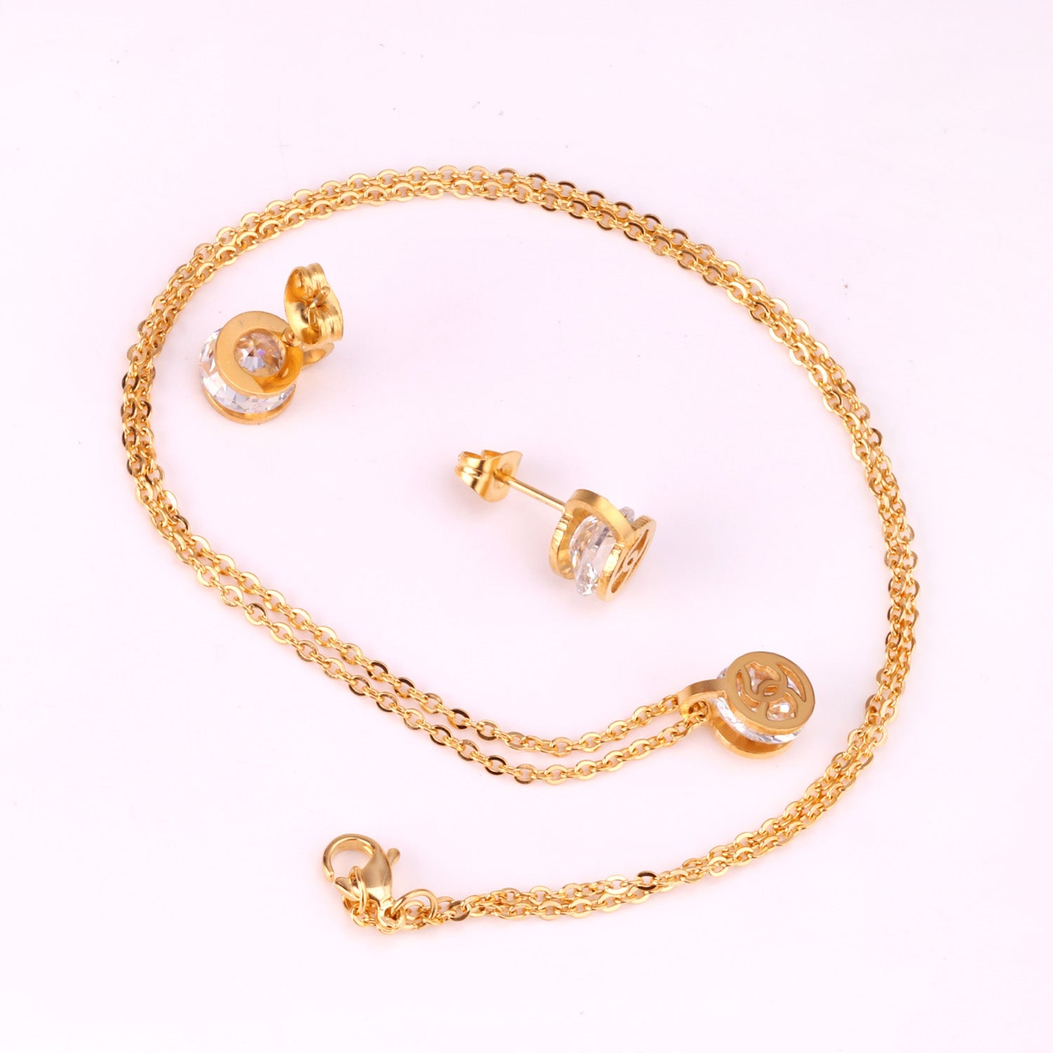 Gold/Steel Round Pendant Jewelry Set with Zirconia asonjewelry