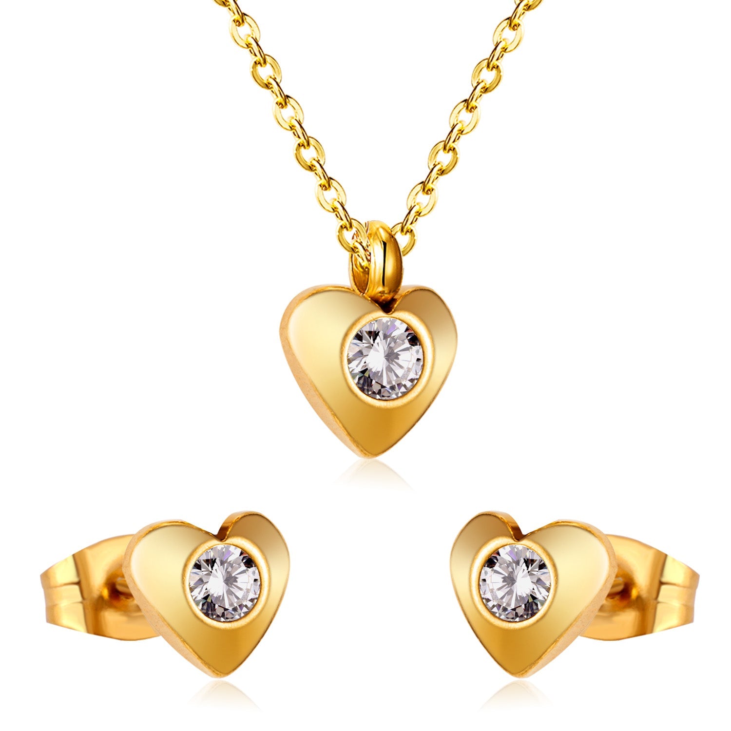 Gold/Steel Heart Jewelry Set with Diamonds in the Middle asonjewelry