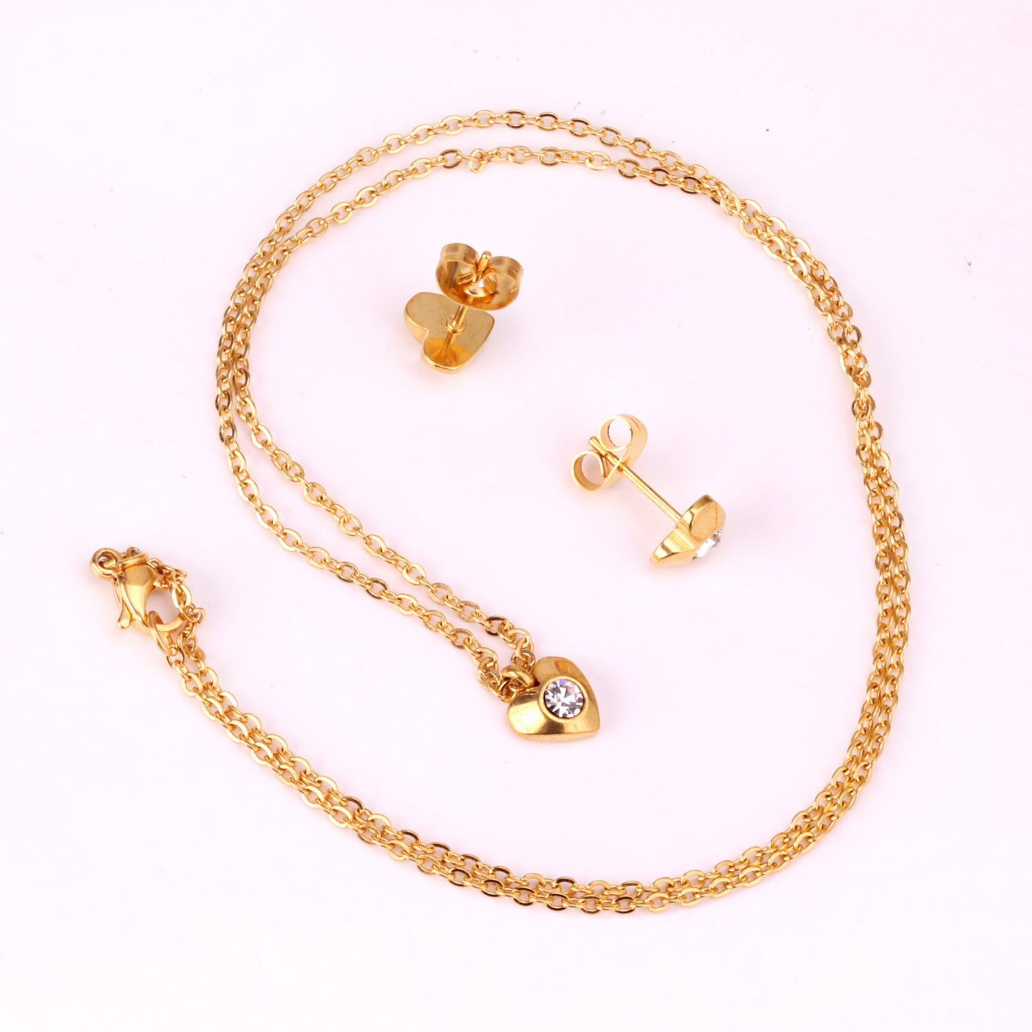 Gold/Steel Heart Jewelry Set with Diamonds in the Middle asonjewelry