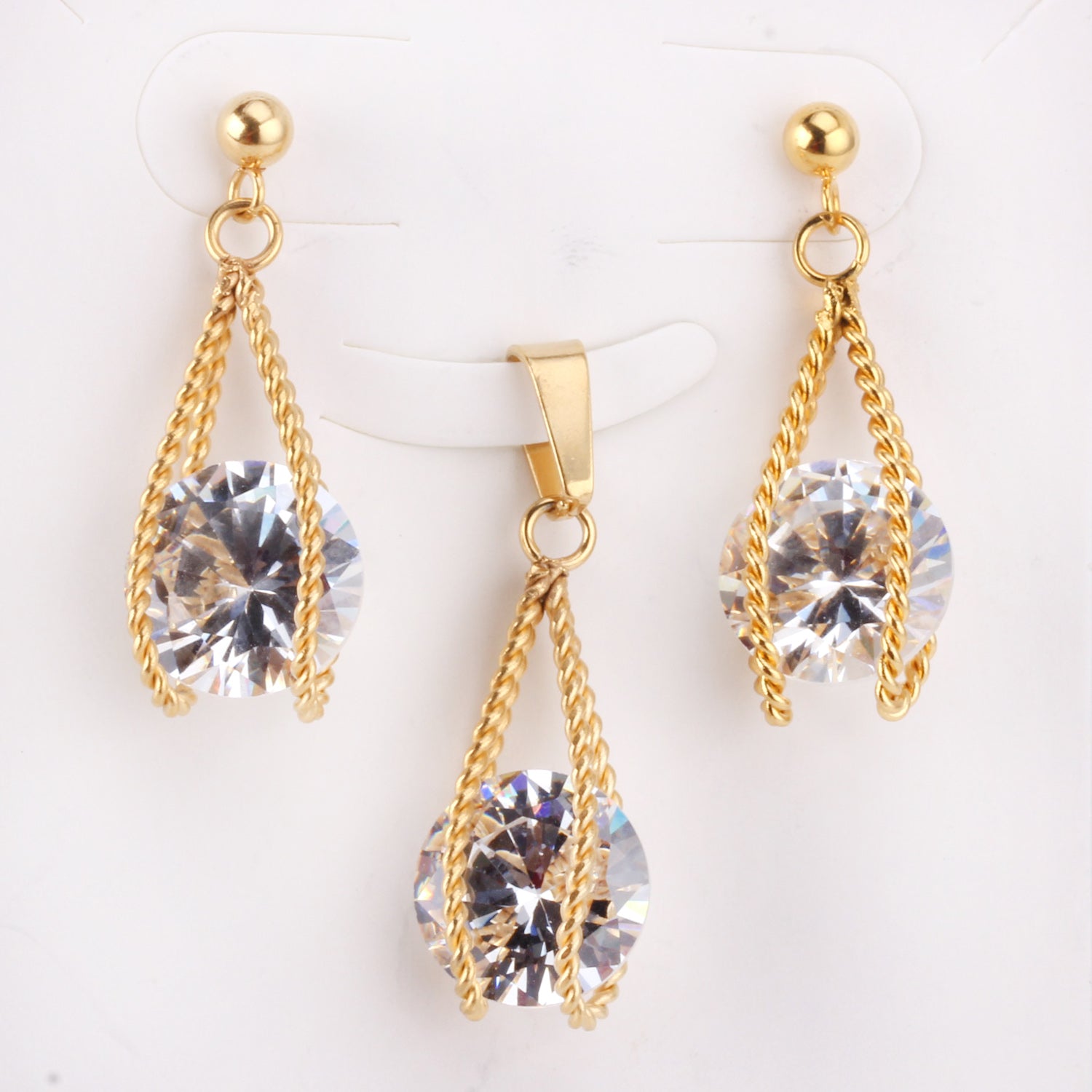 Steel/Gold Simple with Oversized Zircon Pendant Jewelry Set asonjewelry