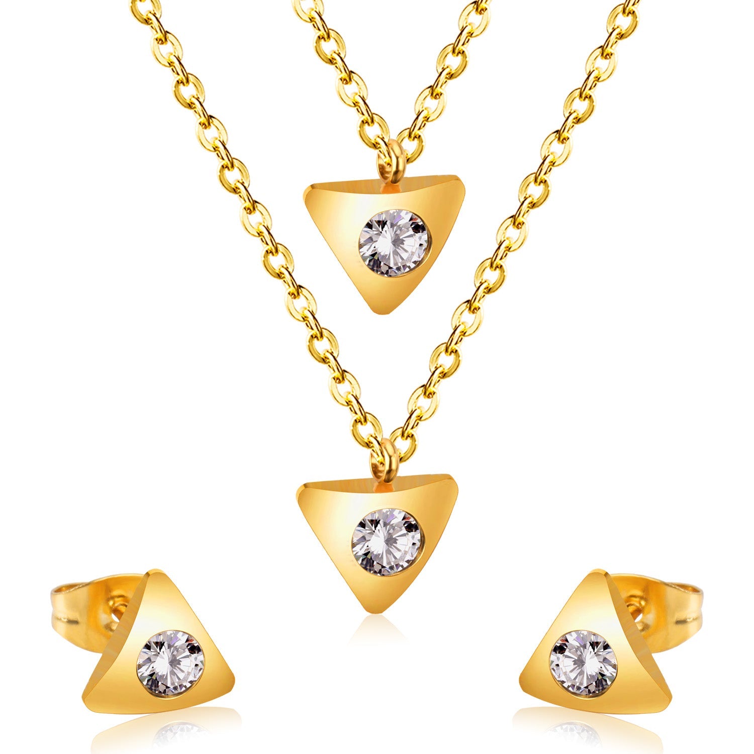 Gold/steel triangle double chain pendant set with diamond in the middle asonjewelry