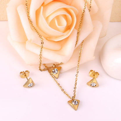 Gold/steel triangle double chain pendant set with diamond in the middle asonjewelry