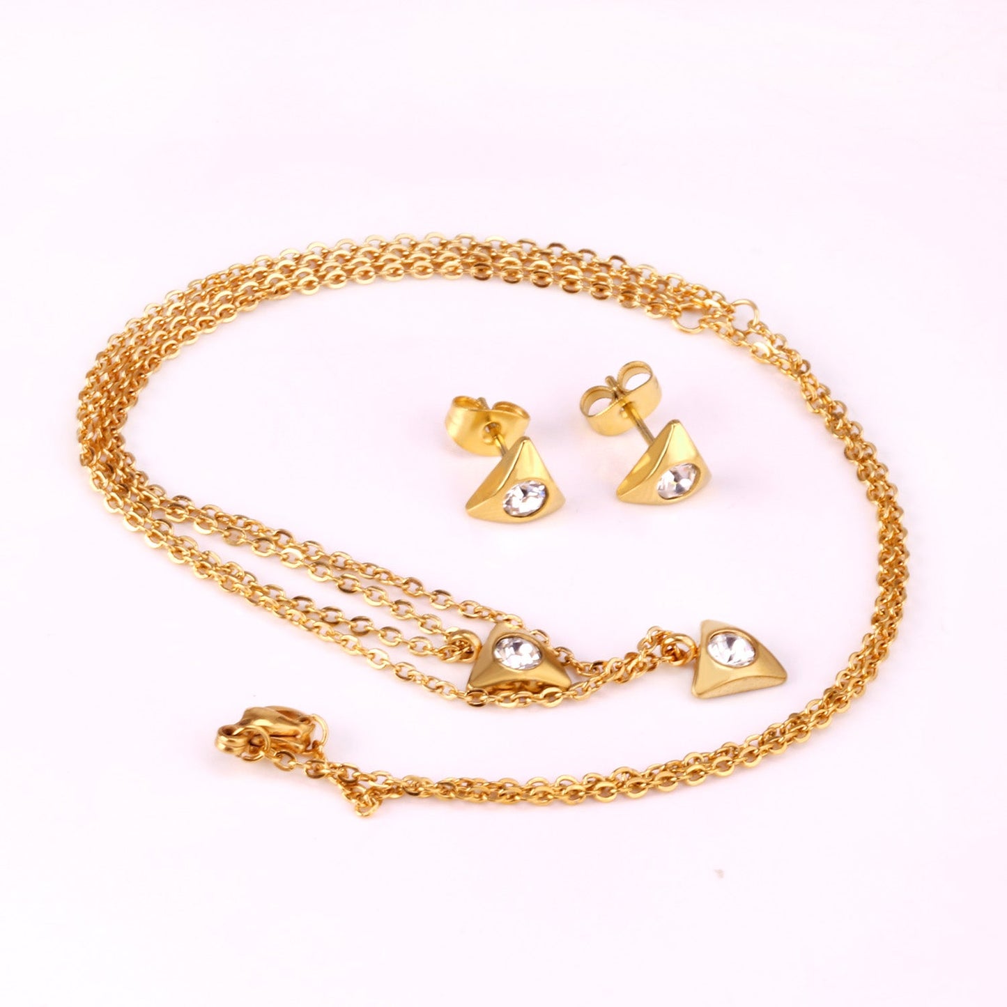 Gold/steel triangle double chain pendant set with diamond in the middle asonjewelry