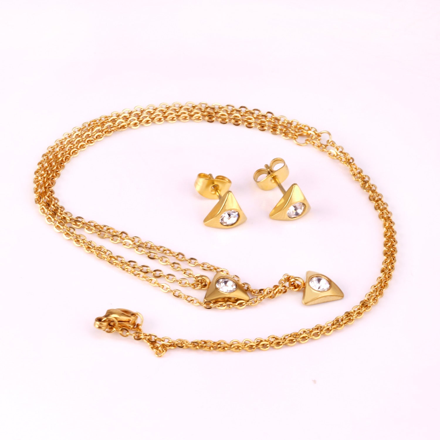 Gold/steel triangle double chain pendant set with diamond in the middle asonjewelry